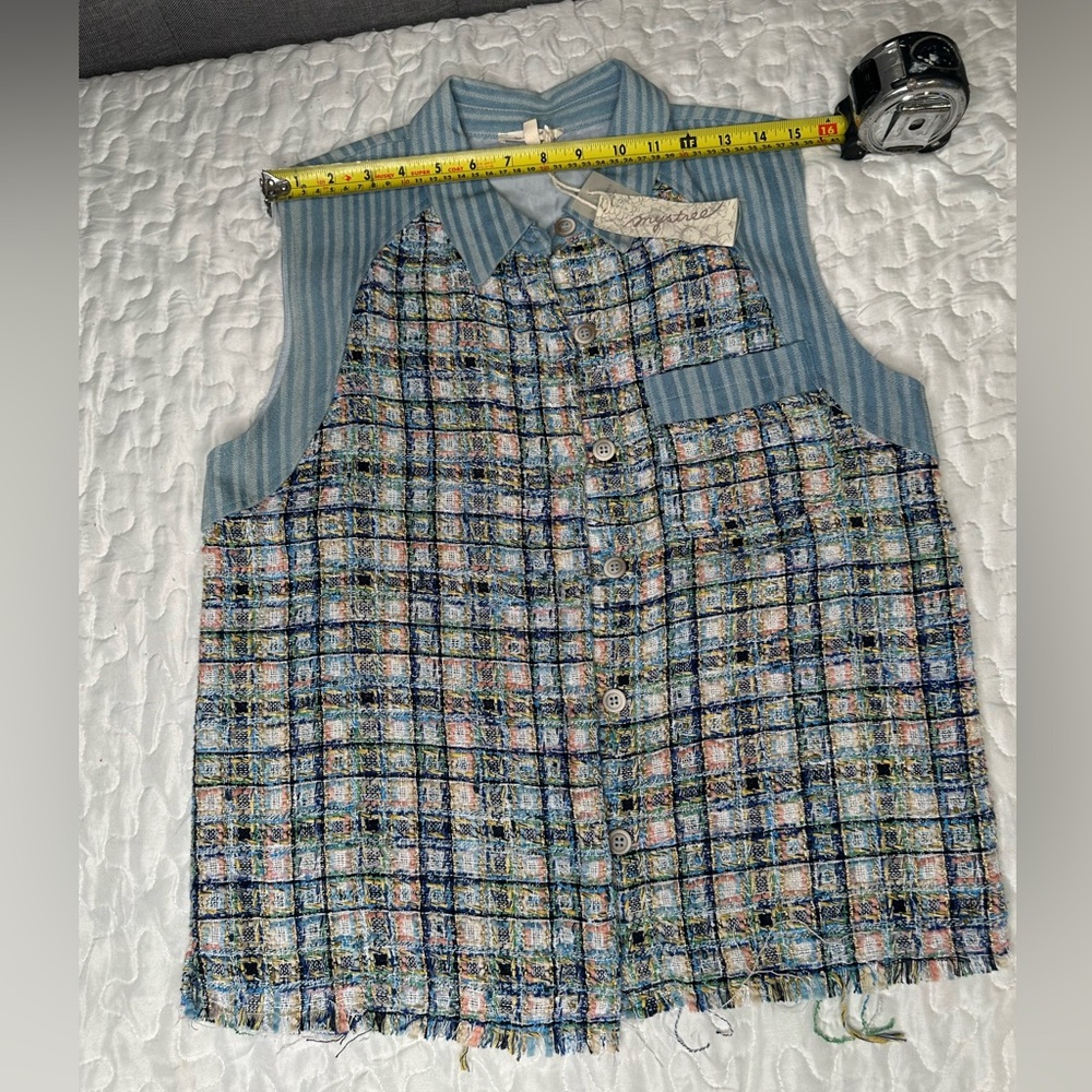 Mystree Tweed Sleeveless Vest NWT Boho Chic Cottagecore Raw Hem Button-Up Top S - Picture 12 of 14